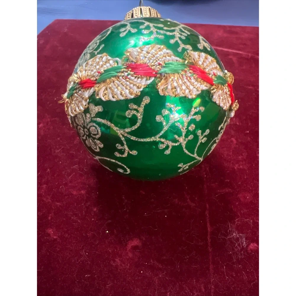 Vintage Green Glass Christmas‎ Ornament Silver Glitter Floral Braided Trim Band